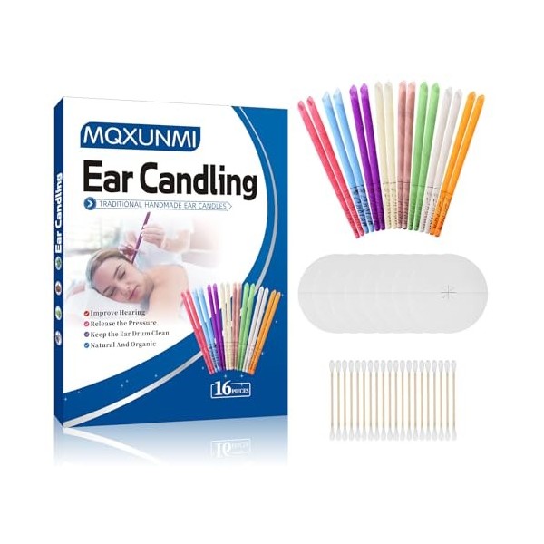 MQXUNMI Lot de 16 Bougies d’Oreilles, bougies auriculaires naturelles pour enlever le cérumen, nettoyant pour cérumen adulte 