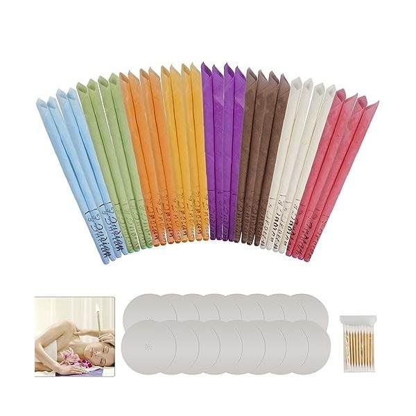 Ysimple 32 Pièces Naturelle Bougie Oreille Nettoyante,8 Scents Différents Bougies pour les Oreilles avec 16 Disques de Protec