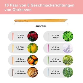 Ysimple 32 Pièces Naturelle Bougie Oreille Nettoyante,8 Scents Différents Bougies pour les Oreilles avec 16 Disques de Protec