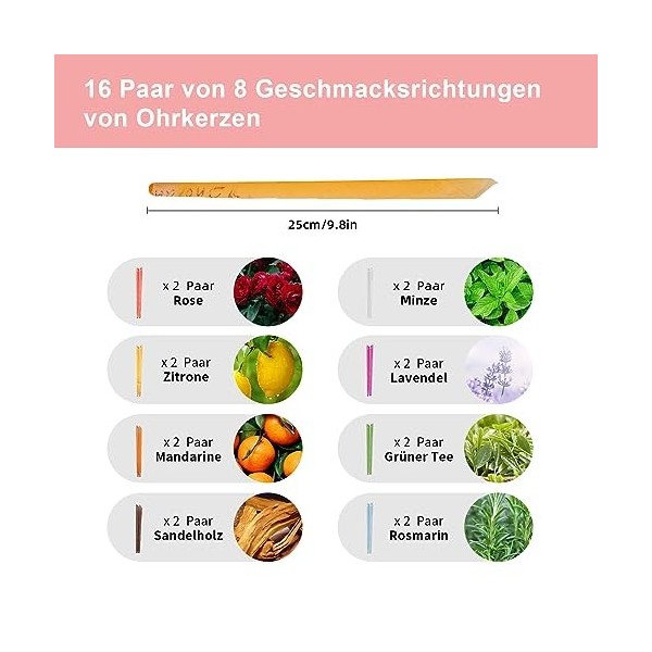 Ysimple 32 Pièces Naturelle Bougie Oreille Nettoyante,8 Scents Différents Bougies pour les Oreilles avec 16 Disques de Protec