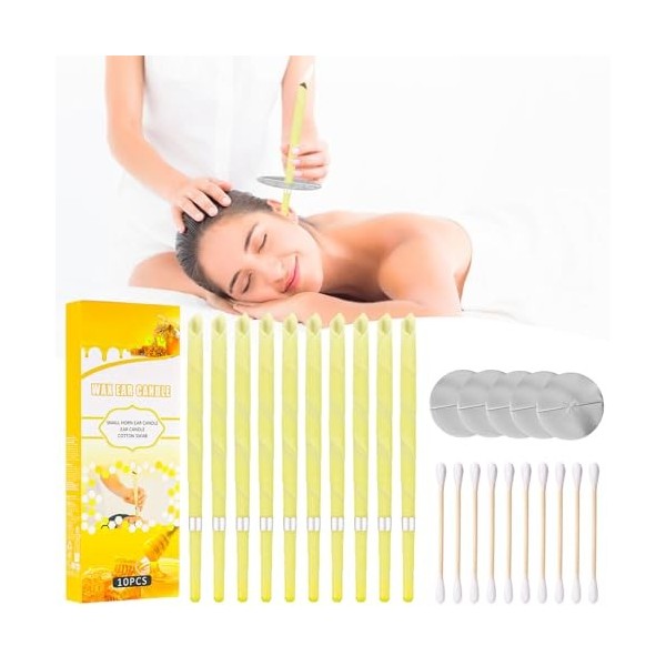 Bougie Oreille, 10 Pièces Bougie Auriculaire en Cire Dabeille Naturelle, Pour la Relaxation, Le Soulagement du Stress et La