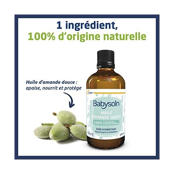 BABYSOIN - Huile damande douce - Soin hydratant - Corps et visage - Sans parfum - Fabriqué en France - 100 ml