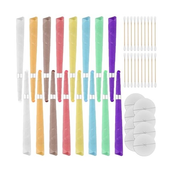 16pcs Kit dÉlimination du Cérumen, Bougies Auriculaires Bougies Nettoyage Oreille avec 20 Cotons-Tiges en bois et 8 Disques 