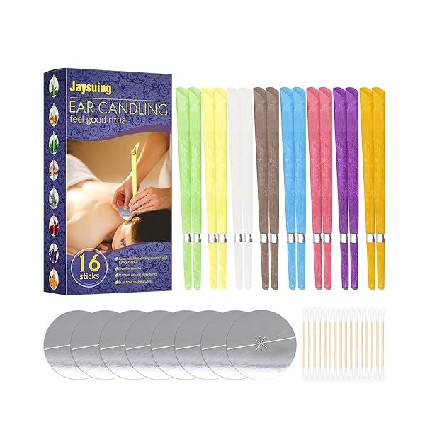 Lot de 16 bougies doreilles pour le nettoyage du cérumen avec 8 disques de protection et 16 cotons-tiges en cire dabeille p