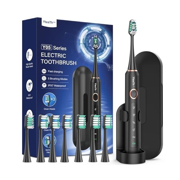 Brosse à dents électrique pour adultes et enfants – 5 modes de nettoyage en profondeur avec 8 têtes de brosse à dents, autono