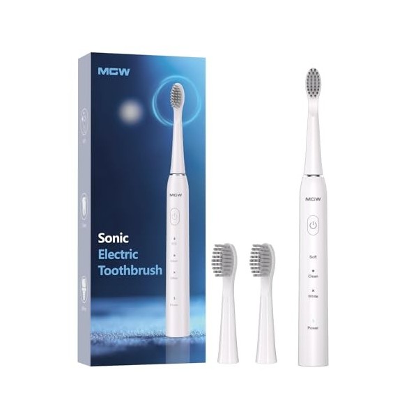 MGW Sonic Brosse à Dents Electrique Rechargeable par USB Etanche Minuteur Intelligent 2 Têtes de Brosse à Dents Blanc