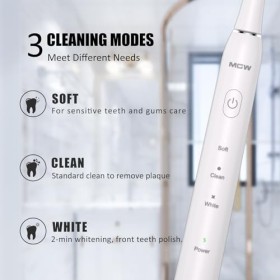 MGW Sonic Brosse à Dents Electrique Rechargeable par USB Etanche Minuteur Intelligent 2 Têtes de Brosse à Dents Blanc