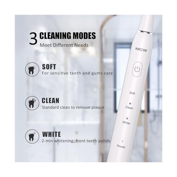 MGW Sonic Brosse à Dents Electrique Rechargeable par USB Etanche Minuteur Intelligent 2 Têtes de Brosse à Dents Blanc