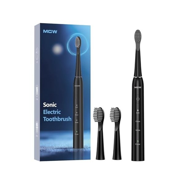 MGW Sonic Brosse à Dents Electrique Rechargeable USB Étanche Minuteur Intelligent 2 Têtes de Brosse à Dents Noir