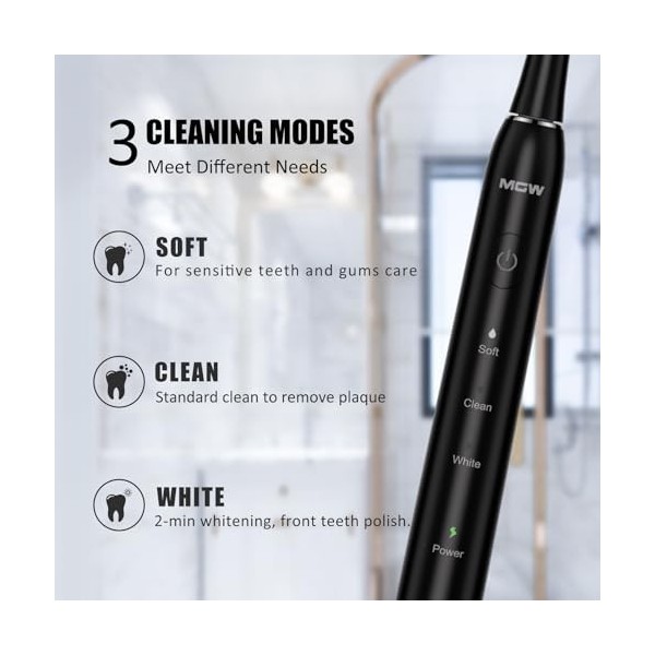 MGW Sonic Brosse à Dents Electrique Rechargeable USB Étanche Minuteur Intelligent 2 Têtes de Brosse à Dents Noir