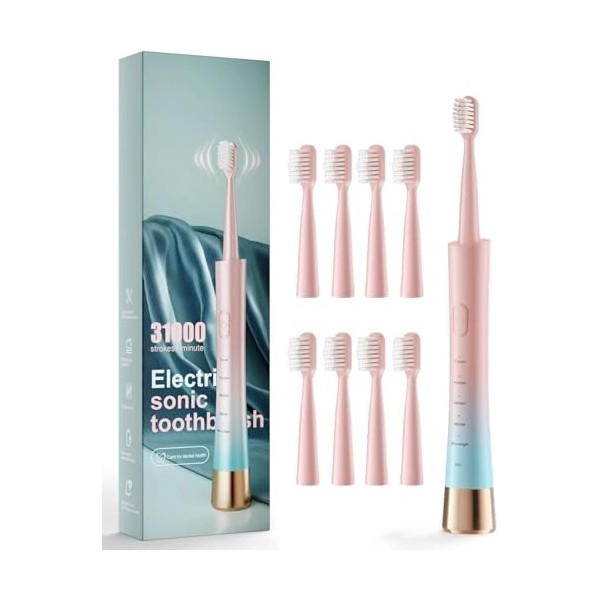AJELU Brosse à dents électrique sonique rechargeable rose et bleu dégradé pour adultes, 5 modes avec minuterie intelligente, 