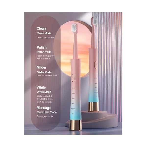 AJELU Brosse à dents électrique sonique rechargeable rose et bleu dégradé pour adultes, 5 modes avec minuterie intelligente, 