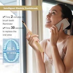 Brosse à dents en bambou électrique pour adultes, Brosses à dents soniques, 5 modes 2 minutes Smart Timer brosse à dents élec