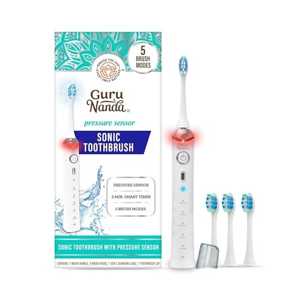 GuruNanda Brosse à dents électrique sonique avec capteur de pression – Brosse à dents rechargeable avec 5 modes, fonction mém