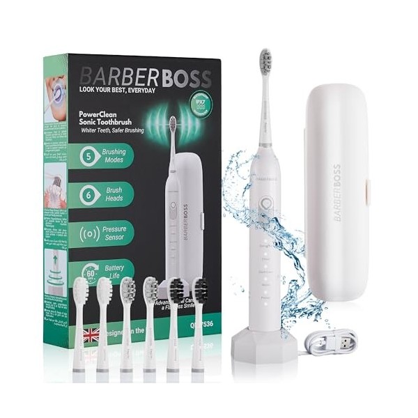 BarberBoss Brosse à dents électrique sonique, brosse à dents pour adultes avec 5 modes, 3 têtes de rechange, capteur de press