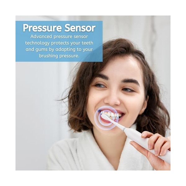 BarberBoss Brosse à dents électrique sonique, brosse à dents pour adultes avec 5 modes, 3 têtes de rechange, capteur de press