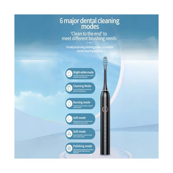 Brosse à dents électrique, silencieuse, avec 4 têtes de brosse, 6 vitesses pour adultes, TPC rechargeable avec poils souples,