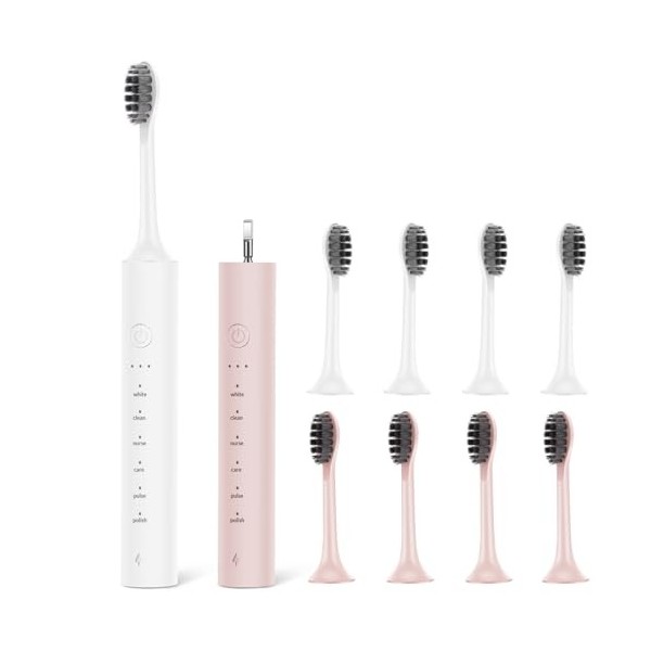 SUNPRO Lot de 2 brosses à dents électriques soniques pour adultes, brosse à dents rechargeable avec minuterie intégrée de 2 m