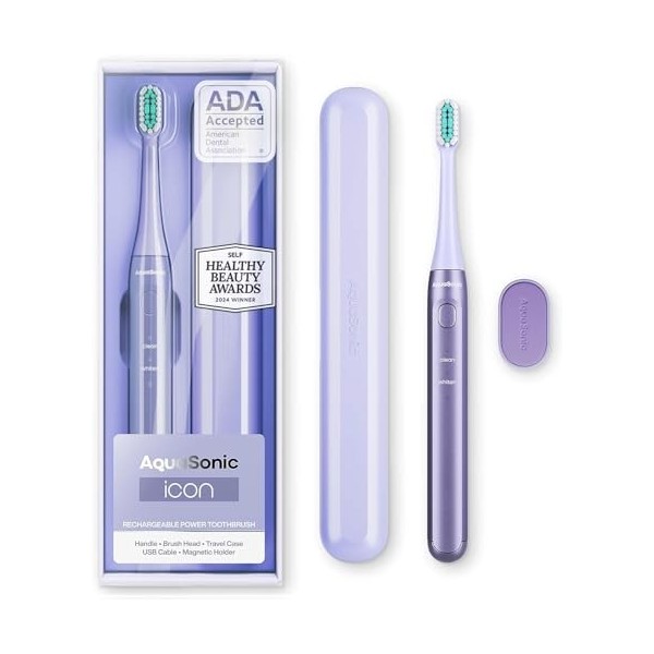 Aquasonic Icon ADA-Accepted Brosse à dents rechargeable | Support magnétique et étui de voyage fin | 2 modes de brossage et m...