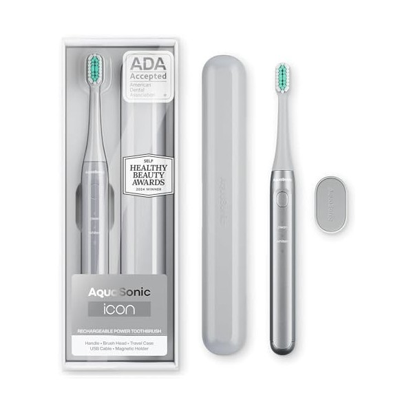 Aquasonic Icon ADA-Accepted Brosse à dents rechargeable | Support magnétique et étui de voyage fin | 2 modes de brossage et m...