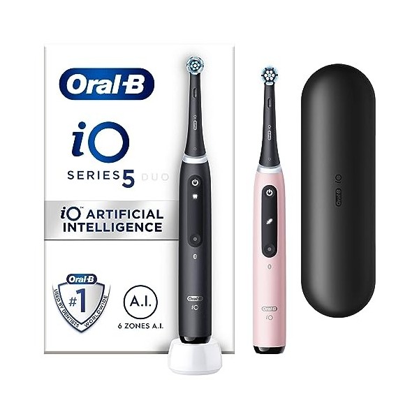 Oral-B iO5 Lot de 2 brosses à dents électriques pour adultes, cadeaux pour femme/homme, 2 poignées, 2 têtes de brosse à dents