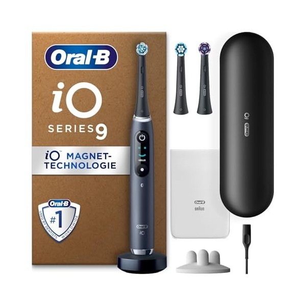 Oral-B iO 9 Brosse À Dents Électrique Noire, Un Capteur De Pression Pour Protéger Les Gencives Sensibles, Des Accessoires, 2