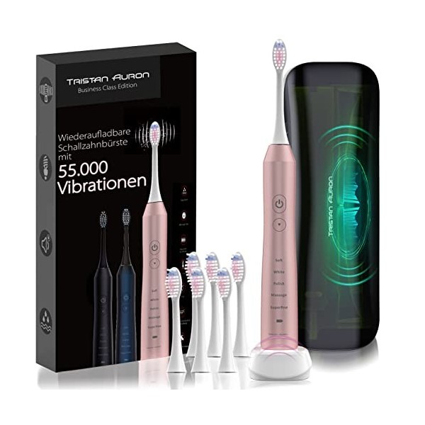 Tristan Auron Lot de 2 brosses à dents soniques 55000 VPM + étui UV, batterie de 60 jours, 5 modes de brossage, étanche IPX7,