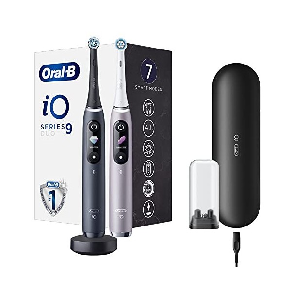Oral-B iO 9 Duopack Brosse à Dents Électrique Rechargeable avec 2 Manches Intelligence Artificielle, Noir et Rose Quartz, 2 B