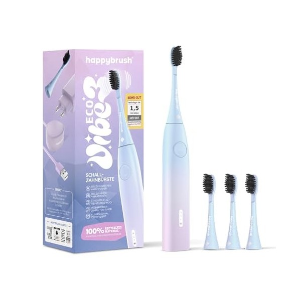 happybrush Eco Vibe Sunrise Brosse à dents électrique, kit de démarrage, brosse à dents sonique, avec batterie puissante de 6