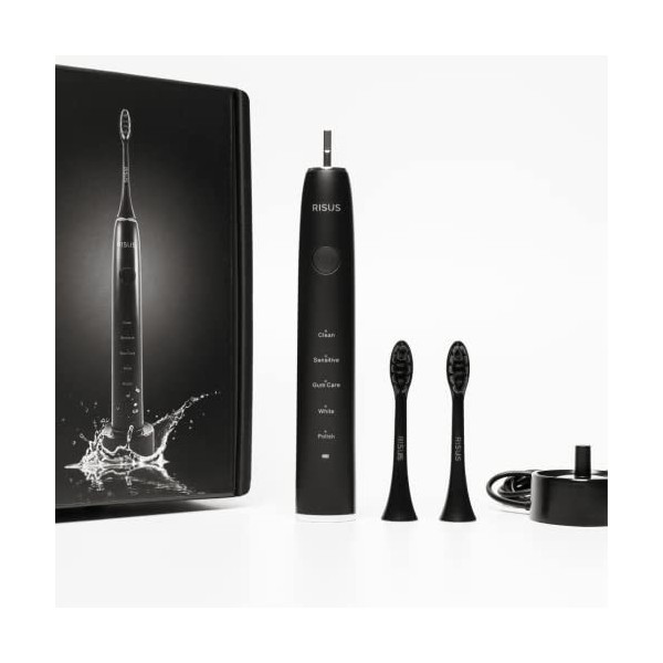 Risus Brosse à dents électrique Smile Sonic, autonomie de la batterie de 90 jours, charbon de bois, 5 modes de nettoyage et t