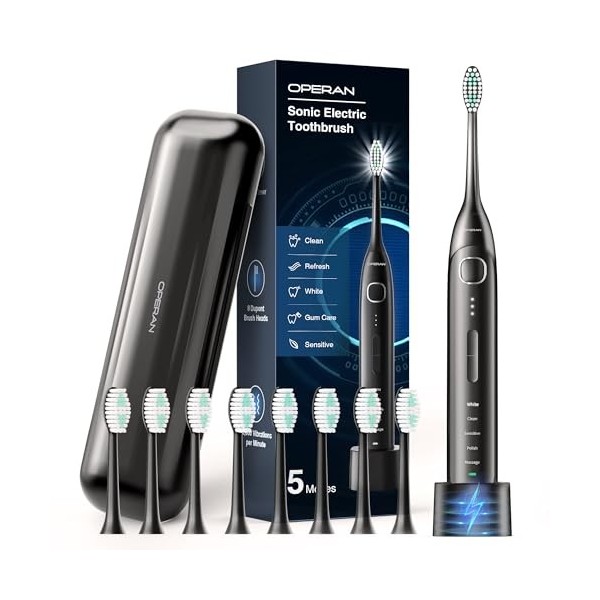 Operan Brosse à dents électrique pour adultes et enfants Sonic rechargeable avec 5 modes, minuterie intelligente de 2 minutes
