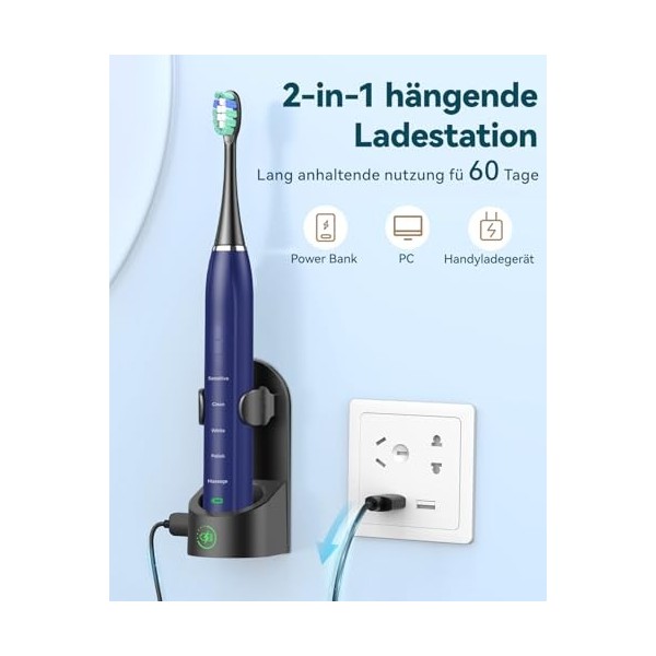 Brosse à dents électrique sonique pour adulte - Brosse à dents électrique à ultrasons avec étui de voyage et station de charg
