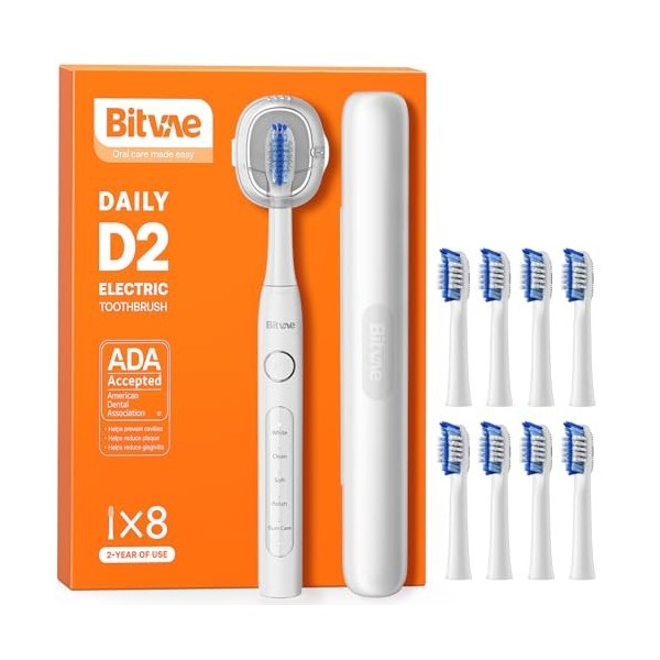 Bitvae D2 Brosse à Dents Électrique Ultrasonique pour Adultes et Enfants, Brosse à Dents de Voyage Rechargeable avec 8 Têtes 