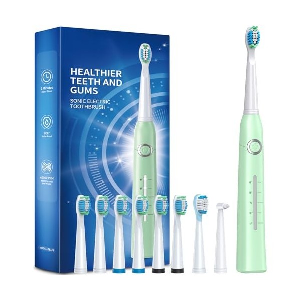 Brosse à dents électrique pour adulte, Sonic avec 8 têtes de brosse, 40 000 VPM, 5 modes, rechargeable rapidement pendant 4 h