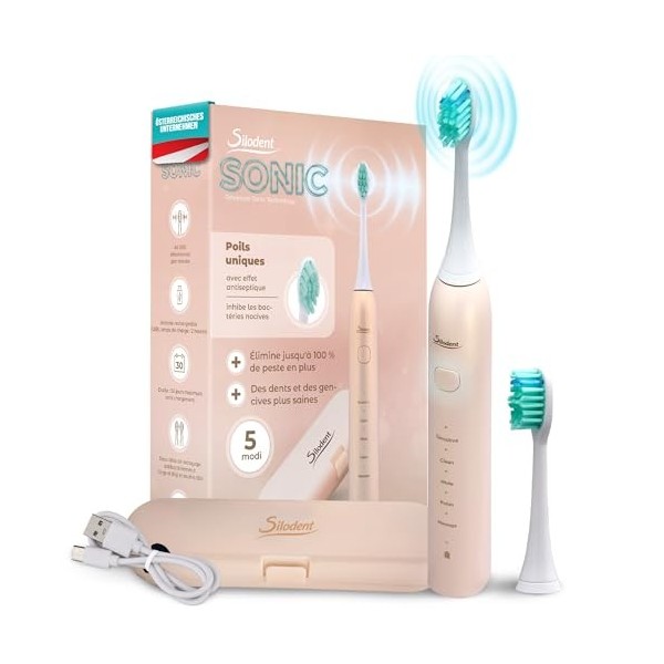 Silodent brosse à dents sonique | Brosse à dents à poils antiseptiques | Champagne de brosse à dents premium avec 5 programme