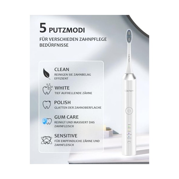 Lächen Lächen Brosse à dents électrique, brosse à dents sonique, 5 programmes de nettoyage avec étui de voyage, 6 têtes de br