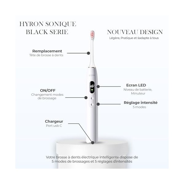HYRON Pro - Brosse à dents électrique - 5 Modes de brossage et dintensité - Brosse à dents électrique sonique rechargeable e