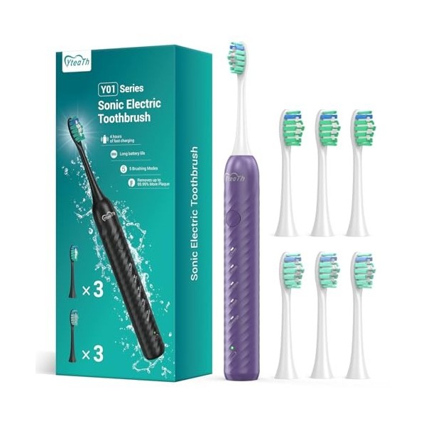 Brosse à Dents éLectrique Pour Adultes Avec 6 TêTes De Brossage, Brosse à Dents Sonique Rechargeable, 4 Heures De Charge, 180