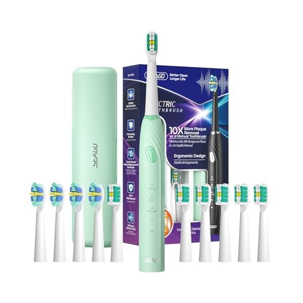 seago brosse à dent électrique sonique, brosse a dent electrique avec 10 têtes de brosse et étui de voyage, minuterie 2 min, 