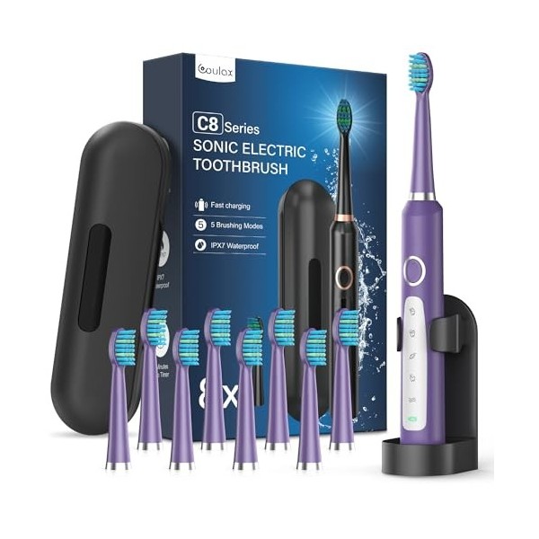 Brosses à Dents Électriques Soniques Adultes avec 8 Têtes - Brosse à Dents Électrique 5 Modes avec étui, IPX7, Brosses à Dent