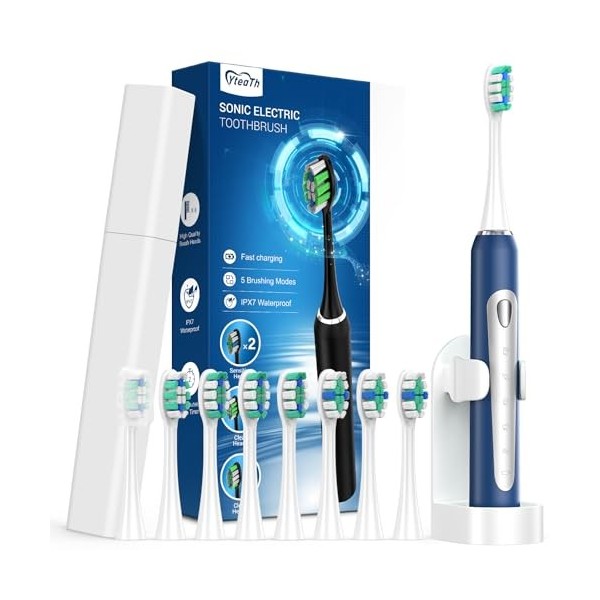 Brosse à dents électrique pour adulte - Brosse à dents sonique avec 8 têtes de brosse, une charge de 60 jours, 5 modes avec m