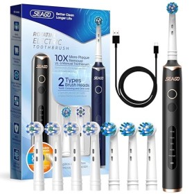 Seago brosse à dent électrique, brosse à dents rotative avec 2 boutons, 5 modes avec 8 têtes, minuterie intelligente, 2 types