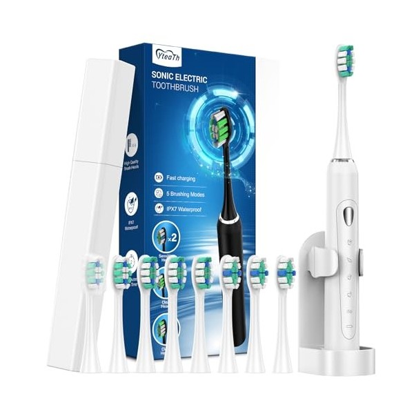 Brosses à Dents Électriques Soniques Adultes avec 8 Têtes - Brosse à dents Électrique Adulte Enfant avec Étui, 5 Modes, Charg