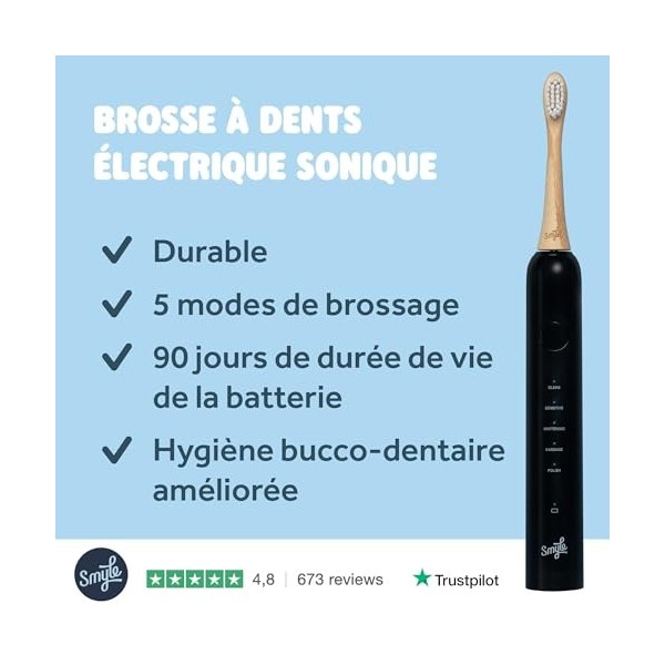 Smyle Brosse à dents sonique avec capteur, autonomie de 3 mois, minuterie intelligente et 5 modes de brossage et étanche noi