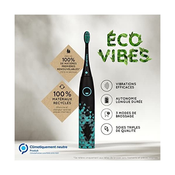 happybrush Brosse à dents sonique électrique Eco VIBE 3 - Brosse à dents durable avec 6 semaines de batterie rechargeable ave