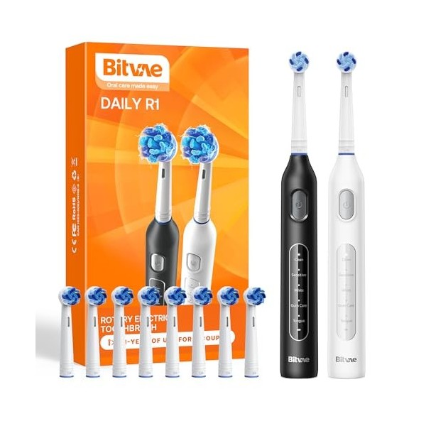 Bitvae Brosse à dents électrique 2 pièces pour adultes et enfants, 8 têtes de brossage, 60 jours dautonomie, 5 modes avec mi