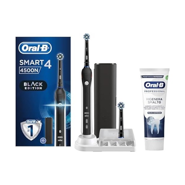 Oral-B Brosse à dents électrique rechargeable intelligente 4 4500N, 2 têtes, 1 brosse, 1 étui de voyage et 1 dentifrice, batt