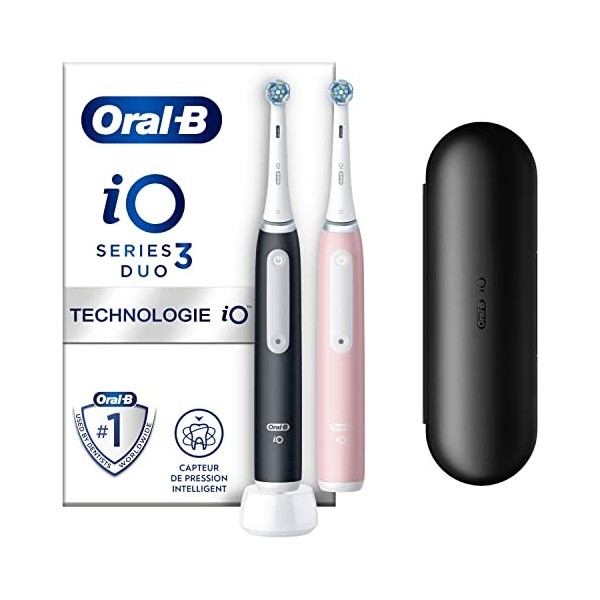Oral-B iO3 Brosses À Dents Électriques, Noire et Rose, Avec Le Capteur De Pression Pour Protéger Les Gencives, Lot De 2 Avec 