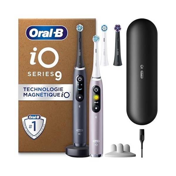 Oral-B iO 9 Lot De 2 Brosses À Dents Électriques, Noire et Rose, 7 Modes De Brossage Avec Blancheur, Douceur Et Soin Des Genc