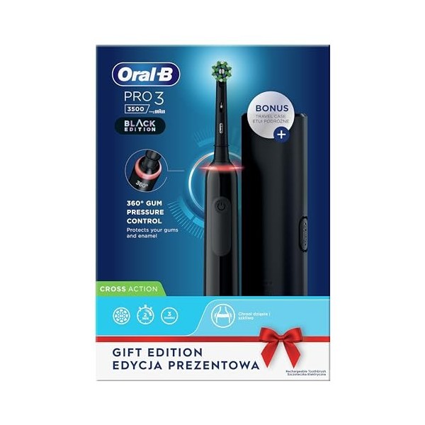 Brosse à dents électrique Pro3 3500 CrossAction noire avec étui de transport